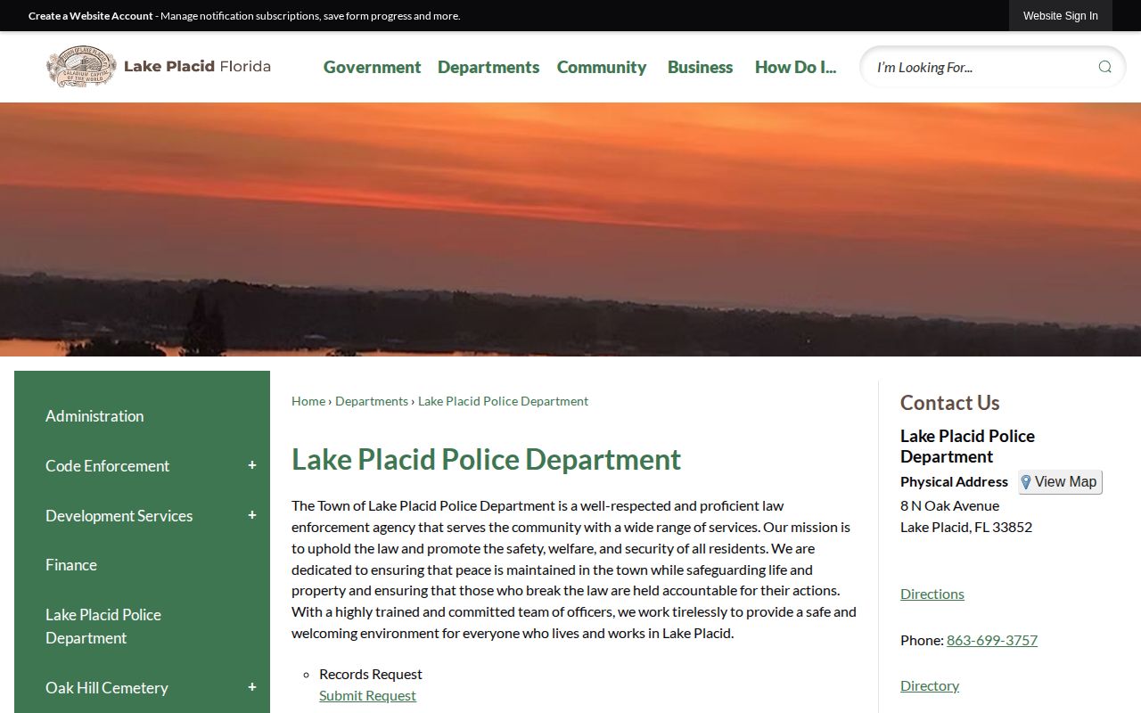 Lake Placid Police Department arrest-record source in Highlands County